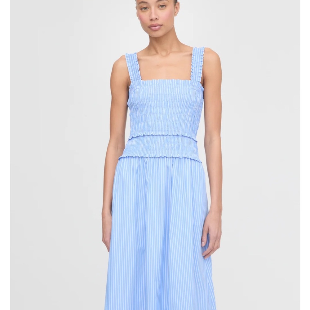 Light Blue Striped Smocked Midi Dress